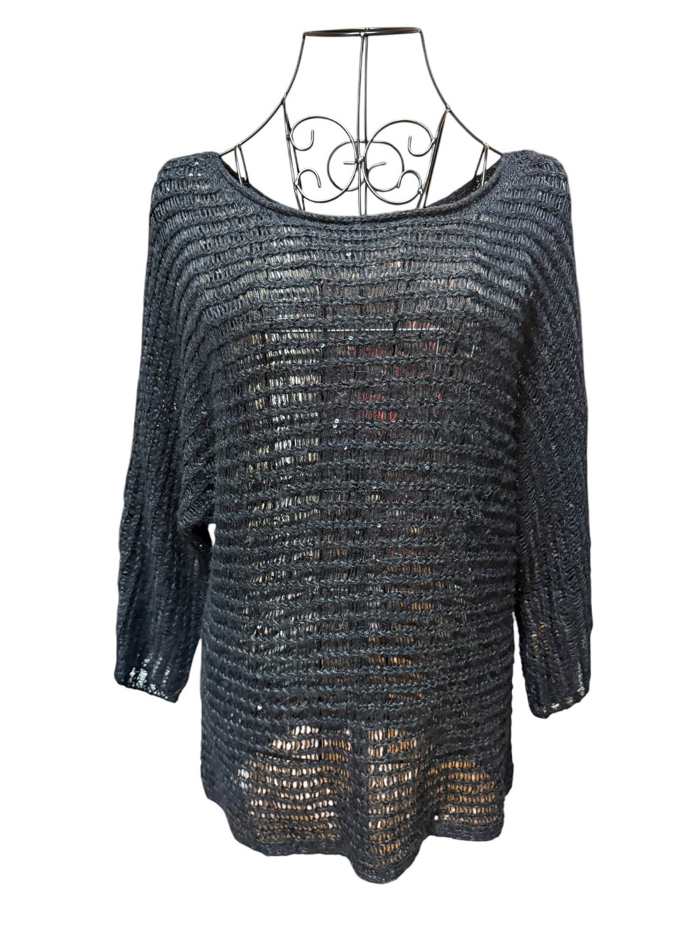 Ann Taylor Black Open-Weave Scoop Neck Glitter Sweater Small